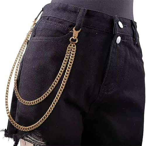 Cadena de cartera resistente para hombres y mujeres, llavero punk de motociclista para jeans, trabillas para cinturón y uso en bolsillo, color dorado, 19.7'', Aleación de zinc, No es una piedra