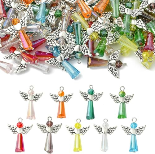 Stiesy 90 st 9 färger glas ängel berlocker fe glas hänge ängel med tibetansk vinge berlock bulk för smyckestillverkning hantverk gör-det-själv armband halsband örhänge presenter