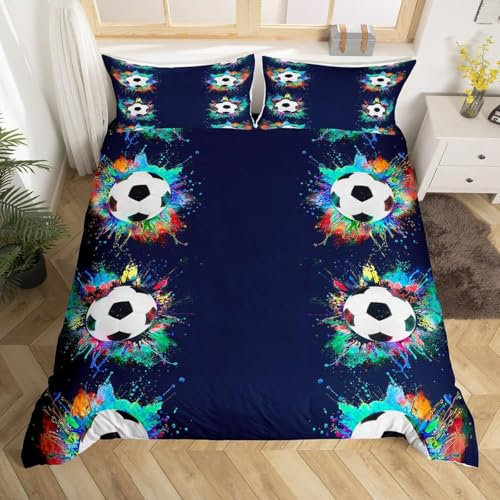 RZPFQB Football Housse de Couette 240 x 260 cm Motif Football Housse de Couette pour Enfant GarçOn Fille Ado Bleu Literie en Microfibre brossée Douce