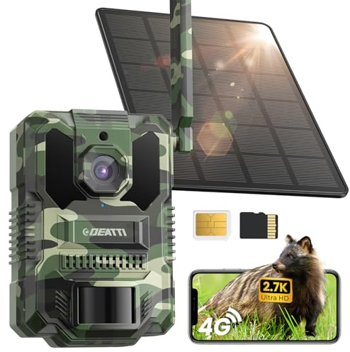 DEATTI 4G LTE Wildkamera mit Handyübertragung APP, 2.7K Solar Wildkamera mit SIM Karte, PIR Bewegungsmelder, Nachtsicht, 120 °Weitwinkel Wildtierkamera, IP66, 64GB SD Karte und 8000mAh Akku