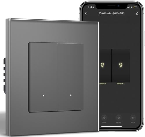 BSEEDLIFE WIFI Smart väggbrytare, 2 brytare, 1-vägs, 86 x 86 mm, WIFI-strömbrytare, kompatibel med Alexa och Google Home (Tuya/Smart Life-app), grå