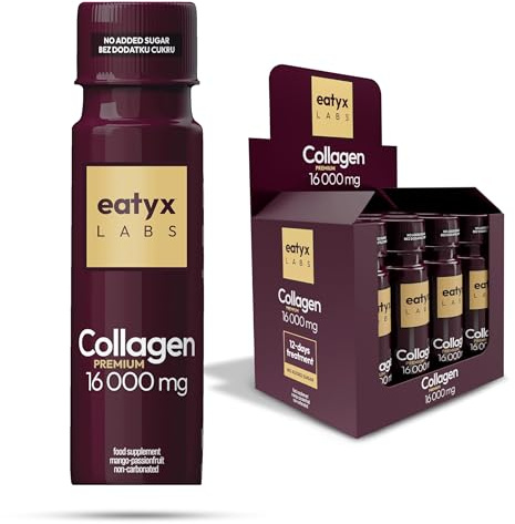 eatyx LABS Collagen Premium 16.000 mg – Hochdosiertes Trinkkollagen mit Pantenensäure & Vitamin C – Kollagen zum Trinken für Haut, Haare & Nägel – Mango-Passionsfrucht Geschmack – 12 x 80 ml