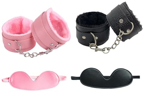 KQOZG 2 Paar Handschellen Augenmaske Set, Lederhandschellen für Cosplay, Partyzubehör, Sexy und Erotische Handschellen, Polizeikostüm Requisiten, Geschenke, Valentinstag Geschenke (Rosa und Schwarz)