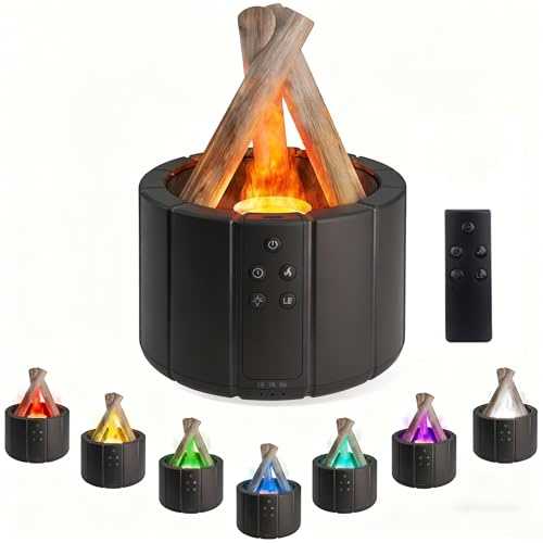 Fizzyo Flammen Aroma Diffuser 250ml, Lagerfeuer Aroma Diffusor für Ätherische Öle mit 7-Farben-Licht Flammeneffekt/Fernbedienung/Abschaltautomatik, Kühler Nebel Luftbefeuchter für Schlafzimmer, Büro