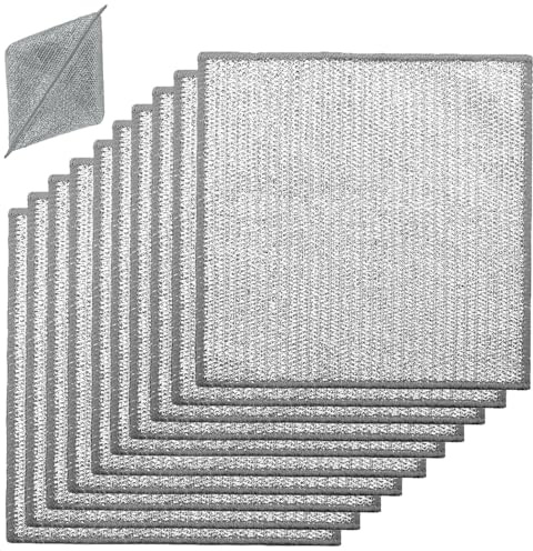 Lot de 10 éponges à récurer double couche en acier inoxydable, 20 x 20 cm, anti-rayures, réutilisables, en laine d'acier pour casseroles, poêles, éviers et fours (argenté)