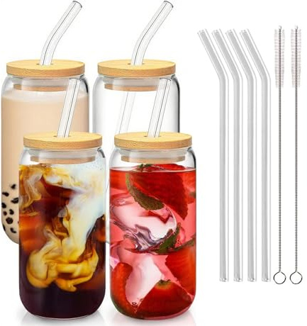 Set of 4 Glass Tumblers with Lids & Straws - 500ml Iced Coffee Cups for Bubble Tea, Smoothies, Cola - Reusable Cold Drink Glasses with 2 Cleaning Brushes - Cafe Style Beverage Set for Home & Part