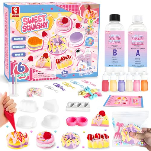 BEIREG Süßes Quetsch-Set zum Selbermachen – Machen Sie Ihre eigenen Dessert-Squishies, 6 Formen und 530 ml AB-Silikon – Donut, Macaron, Taiyaki und mehr für Stressabbau, Bastelgeschenk für Mädchen