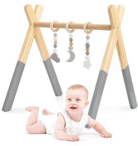 mamabrum Holz Baby Gym Lernständer mit 3 Sinnesanhängern – Sicher für Neugeborene – Montessori – Leicht – Ab 0 Monaten – Natürliches Holz (Grau)