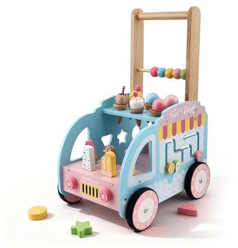 Lauflernwagen Holz, Lauflernwagen im Eiswagen-Thema mit Rädern, Lauflernhilfe Montessori Spielzeug Multifunktion, Motorikspielzeug für Jungen Mädchen Babys ab 10 Monate (Höhe Einstellbar)
