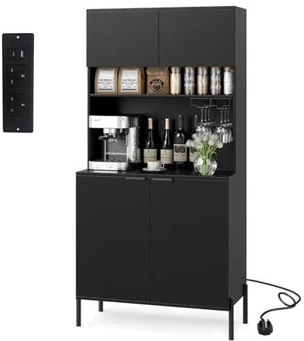 TANGZON Tall Kitchen Cupboard with Power Outlets, 4 Door Wooden Storage Sideboard with Adjustable Shelf, Glass Holder & Countertop, Freestanding Pantry Cabinet Organiser for Dining Living Room (Black)