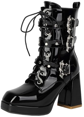 XIEPP Elegantes botines de mujer con hebilla de metal, tacón grueso y plataforma para uso diario, Negro , 43 EU