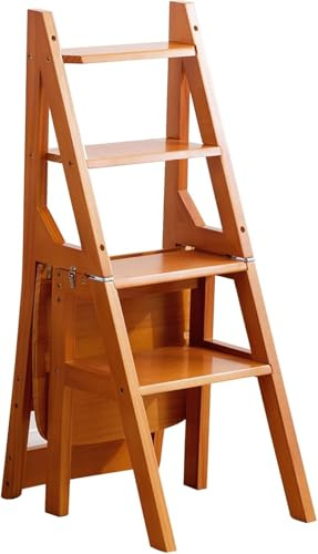 Échelle De Bibliothèque Pliante en Bois Massif Chaise Escabeaux Chaise Escabeau Pliable Tabouret à 4 Marches Escabeaux à Double Usage Montée en 4 Marches Présentoir à Fleurs, Brown, 46x35x90CM