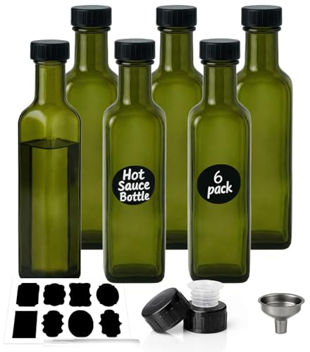 WERTIOO 6er Set Ölflasche 250ml aus Dunkelgrünem Glas, Olivenöl Flasche & Essigflasche mit Schraubdeckel, Lichtschutz Öl & Essig Flaschen zum Abfüllen von Öl, Essig, Dressing, Saucen