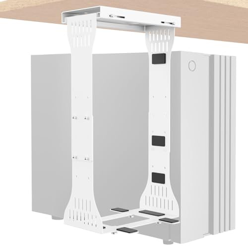 KEEGH Verstellbare PC Halterung unter Schreibtisch für Computergehäuse | Heavy Duty Computer Halterung mit Schutzpolstern bis zu 40kgs, Untertisch PC-Halterung 38-58cm Höhe, Weiß