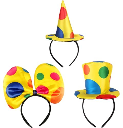 GWAWG 3PCS Clown Hat Bandeau de tête, Jumbo Polka Dots Headwear, Bowknot Headdress Bandeau de cheveux, Jester Bandeau de tête, clown top chapeau bandeau de tête
