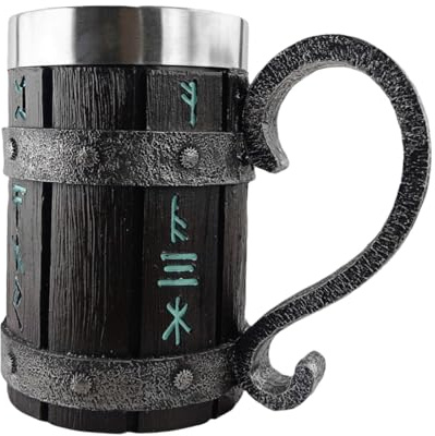 Medieval Wooden Tankard with Stainless Steel, 600 ml Beer Mug, Wooden Resin 3D Large Oak Beer Mug, Coffee Mug Barrel Retro Jug Wooden Barrel for Drinks Juice Rune Beer Mug Gift for Men Father's Day