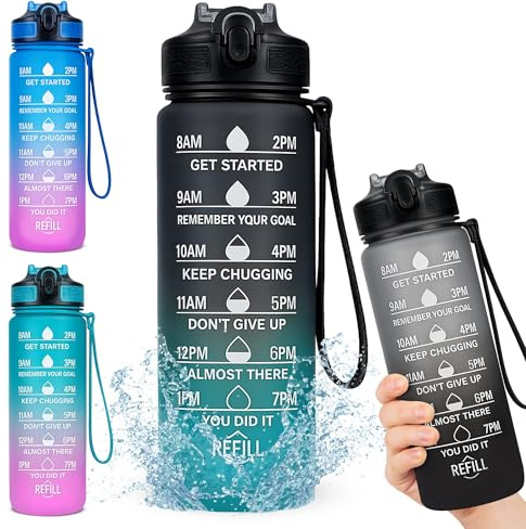 Austika Trends 1L Water Bottle with Straw, BPA-Free Leakproof Sports Drink Bottle with Time Markings, Plastic Reusable Water Bottle for Gym, Cycling, Office & Outdoor (Green/Black)