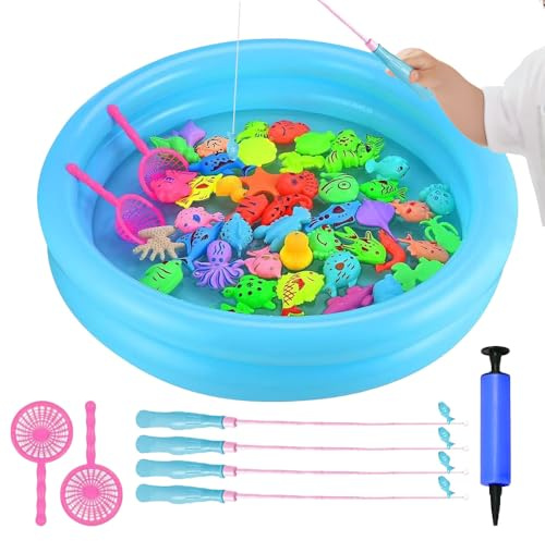 SKIKHN 54 Stück Magnetisches Angeln Spielzeug, Badespielzeug Fische Angeln Spielzeug Fishing Game mit Pool,Rute und Netz, Water Bath Pool Outdoor Toys for Families