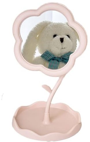 Coogime Make-up Spiegel, Kosmetikspiegel Blumen-Design, HD Schminkspiegel 360° Drehbar Tischspiegel, Ästhetischer Standspiegel mit Ablageschale & Blatt-Haken für Schmuckaufbewahrung (Pink)