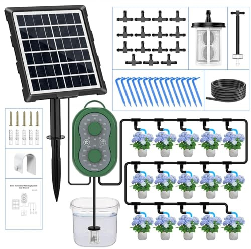 Système d'irrigation solaire goutte à goutte automatique pour 15 plantes en pot, 132 programmes d'arrosage, tuyau de 15 m, idéal pour balcon, jardin, potager et serre