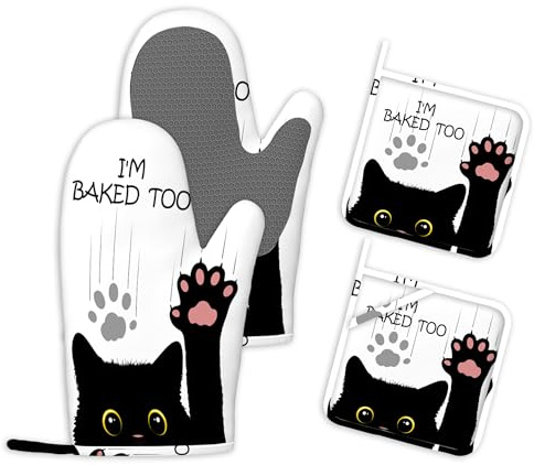 4-teiliges Set Ofenhandschuhe und Topflappen mit Katzen Motiv Hitzebeständig Topfhandschuhe rutschfest Silikon Küchenhandschuhe Backofen Handschuhe zum Kochen Grillen Backen