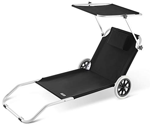 CASARIA Tumbona Jardín Silla Playa Portatil Carrito Plegable 2 Ruedas 150x52cm 115Kg Parasol Cojin