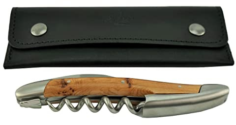 Forge de Laguiole Coffret cadeau couteau de sommelier – Manche genévrier – Acier inoxydable mat + étui en cuir noir