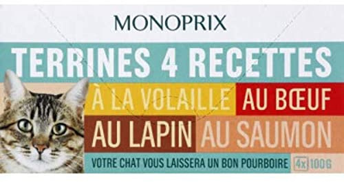 MONOPRIX Terrines 4 Ricette pollame, Manzo, Coniglio, Salmone per Gatto - 4 scatole da 100 g