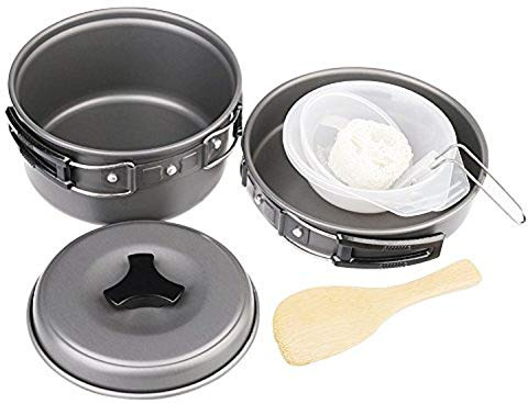 8 Stück Wandern Kochgeschirr Mess Backpacking Kochen Picknick Schüssel Pot Pan Set, Pfannen Set und Sport Mesh Bag, Camping, Überleben, Wandern, Outdoor, Picknick, Ausflug (1-2 Völker)