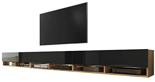 Selsey Wander - TV-Board/Fernsehschrank für Wohnzimmer hängend/stehend, optional mit LED, 300 (3 x 100) cm breit (Holzoptik Wotan Eiche/Schwarz Hochglanz, mit LED)