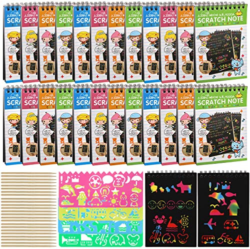 Suwimut 24 Pack Rainbow Scratch Paper Art Notebooks, Scratch Note Pads Rainbow Scratch Paper Black Scratch Off Note Sheet with 24 Wooden Stylus & 4 Drawing Stencils for People Birthday Gift