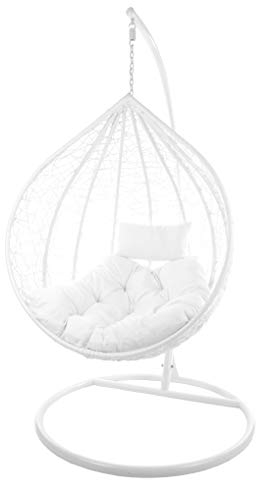 KIDEO Komplettset: großer Hängesessel mit Gestell & Kissen, Korbsessel, Poly-Rattan (Korb & Gestell: weiß, Kissen: weiß Chester-Stepp (1000 Snow))