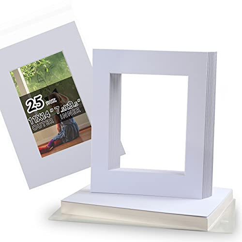 Säurefreies 25 Stück 27,9 x 35,6 cm vorgeschnittenes Passepartout-Set für 20,3 x 25,4 cm Fotos, Drucke oder Kunstwerke, 25 Kern-Schrägschnitt-Matten und 25 Rückwände und 25 Kristall-Plastiktüten, weiß