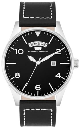 Rhodenwald & Söhne Herren Uhr Edelstahl Silber Quarzwerk 5 ATM | Echtleder Armband, schwarz, keine Prägung, Chronograph, Zifferblatt schwarz, Mineralglas, Armbanduhr