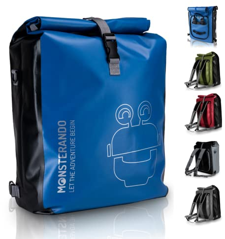 MONSTERANDO 3-in-1 Bicycle Bags for Pannier Rack, Waterproof and Reflective with 14-Inch Laptop Compartment, Can be Used as Pannier Rack Bag, Shoulder Bag & Backpack, Ideal for Bicycle, 25 L Blue
