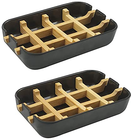 2 Pack Bamboo Soap Dish, Self-Draining Hand Soap Box, Wooden Bamboo Bar Soap Holder for Shower, Bathroom, Kitchen, Bathtub, Bar Sink (Black)