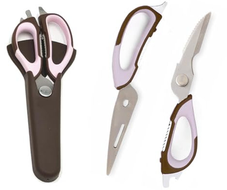 Forbici da cucina professionali in acciaio inox durevole multiuso con coperchio, forbici da cucina resistenti per verdure, carni, pesce, apribottiglie (marrone)