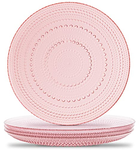 Yungala Pink Hobnail Plates, Set of 4 Glass Vintage 10.5” Dinner Plates that are Dishwasher Safe