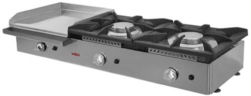 MBH - Cocina a gas profesional con 2 fogones y 1 plancha laminada 40 x 40 a la izquierda para cocina industrial de bar, restaurante y hostelería.