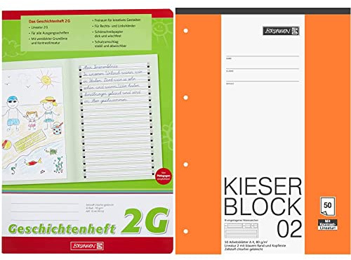Brunnen 104499102 Geschichtenheft Klasse 2 (A4, 16 Blatt, Lineatur 2G) & 1042942 KIESER-Block Lineatur 2 (A4, 50 Blatt, gelocht, 80 g/m², Klasse 2, Weiß)