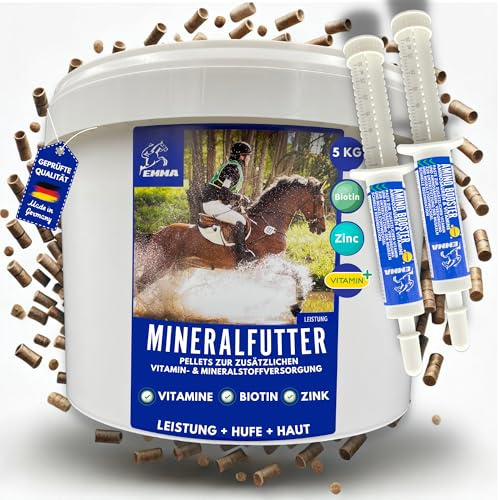 EMMA Mineralfoder häst aminopasta I biotin och zink pellets I biotin zink selen vitamin B12 D A C K mineraler häst I hov päls hud I mineral komplex ytterligare foder hästar hög dosering 5 kg 2 x 30 ml