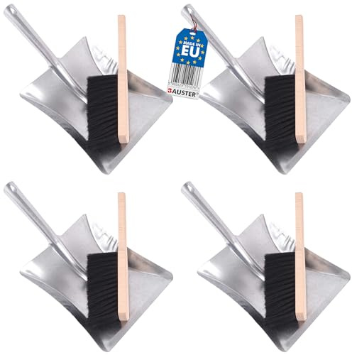 BAUSTER® 4 Stück Besen mit Kehrschaufel Set Handbesen Schaufel Kehrgarnitur Kehrblech und handfeger Metall Verzinkt Handfeger und Schaufel kaminbesen