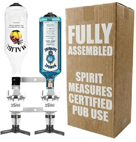 Chabrias Ltd Traditional 2 Bottle Wall Bar Rail + 35ml Chrome Optics UK Made, Fully Assembled Metal Bracket & Pub Trade Compliant Traditional Spirit Optic, Fits 70cl–1.5L Bottles