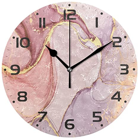 MNSRUU Large Wall Clocks, Pink Marble Stone Gilt Elegant Battery Operated Non Ticking 10 inch Clock Silent Art Bedroom Kitchen Clock Atomic Analog Clocks Home Decor 25 x 25 CM