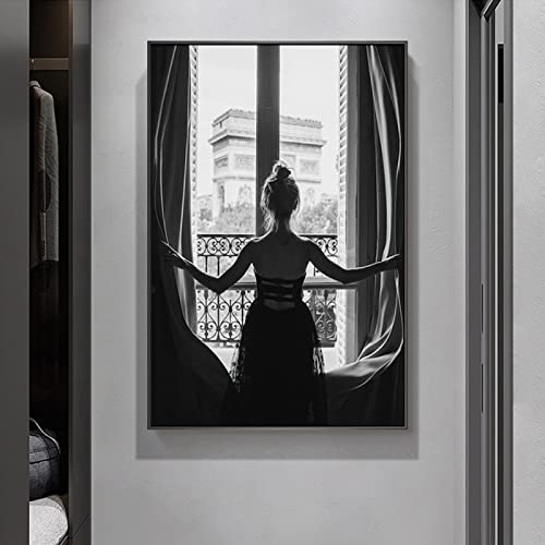 DAFLER Morgen in Paris Mädchen am Fenster Poster Schwarz-Weiß-Leinwandbild Ballerina Wandkunstdrucke Bilder Moderne Wohnkultur 40 x 60 cm Rahmenlos