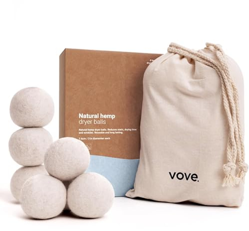 Vove Natural Hemp Tumble Dryer Balls 4 Pack with Customisable Scent Drops & Essential Oil Blend – 5X More Absorbent Than Wool – Natural Softener, Cuts Creases & Static – Reusable