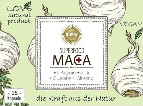 BPV - SUPERFOOD MACA + | 15 Kapseln hochdosiert | Mit L-Arginin, Zink, Guarana und Ginseng | Bestens geeignet für aktive Männer | Mit sofort spürbaren Effekt
