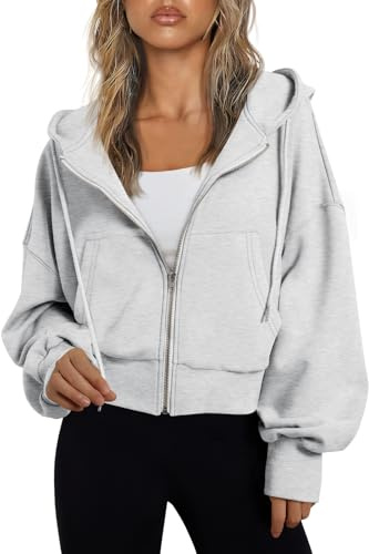 Trendy Queen Hoodies for Women Full Zip Up Cropped Sweatshirts Jackets Casual Comfy Gym Tops Fall Outfits Winter Clothes 2026 Cute Y2k Fleece Sweaters Teen Girls Pullover Grey L
