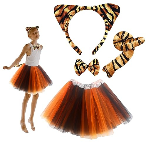 SKHAOVS 4 Pezzi Costumi da Tigre Set,Set di Costumi da Animale,Orecchie di Tigre,Copricapo,Coda, Fiocco e Tutù,per Bambina Costume per Halloween Festa di Carnevale Travestimento (Costume Tigre)