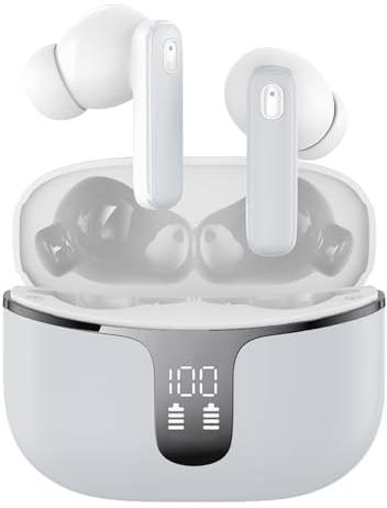 Ecouteurs Bluetooth Sans Fil, Écouteur sans Fil avec 4 ENC Mic, Oreillette Bluetooth 5.3 HiFi Son Stéréo Casque, 40 Heures Durée de Lecture, Écran LED, IP7 Étanche, Contrôle Tactile, Gris Clair